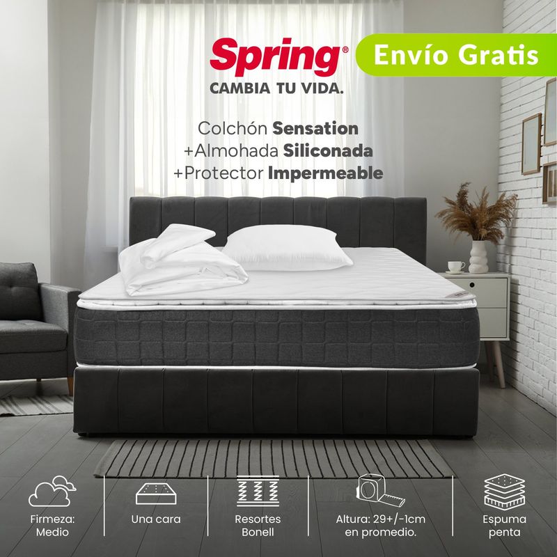COLCHONES SPRING - Colchón SemiDoble Firmeza Media Ortopédico con Pillow Resortado Sensation 120 x 190 cm + 1 Almohada + Protector Colchones Spring - 0% Interés a 3, 6 o 12 Cuotas Pagando con tu CMR Banco Falabella