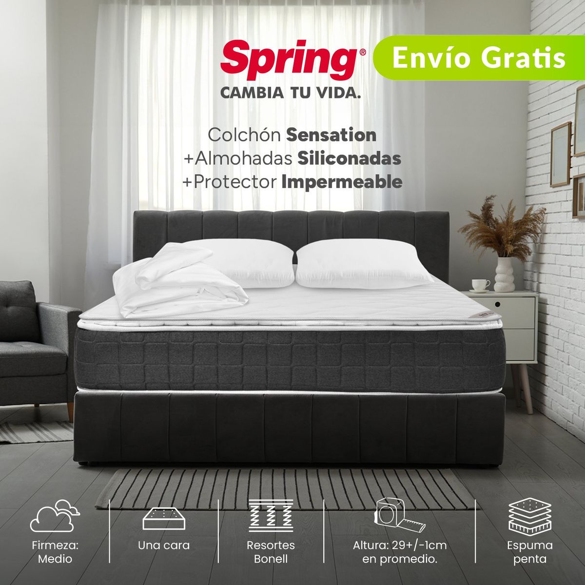 COLCHONES SPRING - Colchón Doble Firmeza Media Ortopédico con Pillow Resortado Sensation 140 x 190 cm + 2 Almohadas + Protector Colchones Spring