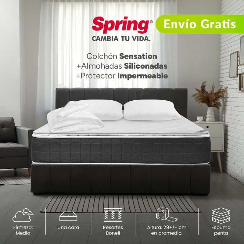 COLCHONES SPRING - Colchón Doble Firmeza Media Ortopédico con Pillow Resortado Sensation 140 x 190 cm + 2 Almohadas + Protector Colchones Spring - 0% Interés a 3 Cuotas Pagando con tu CMR Banco Falabella