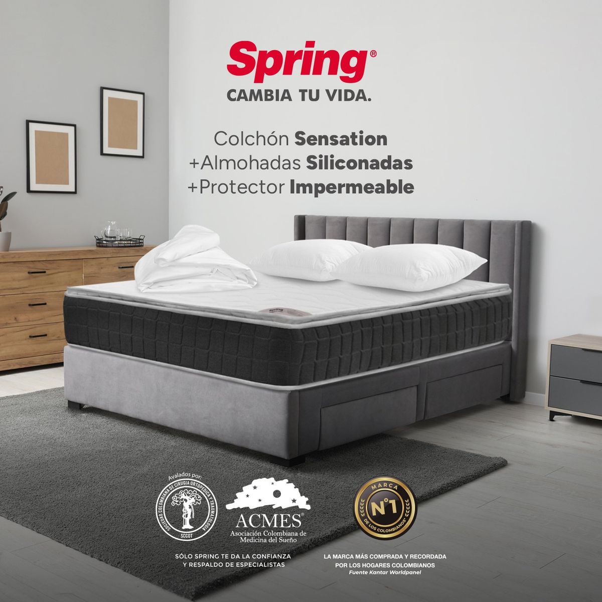 COLCHONES SPRING - Colchón Doble Firmeza Media Ortopédico con Pillow Resortado Sensation 140 x 190 cm + 2 Almohadas + Protector Colchones Spring