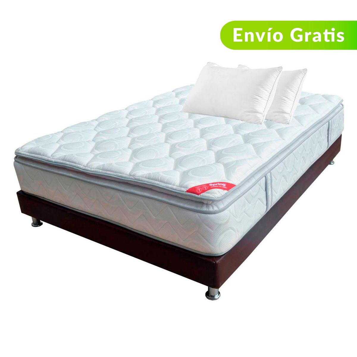 COLCHONES SPRING - Colchón con Base Cama Doble Firmeza Media Ortopédico con Pillow Resortado Sensation 140 x 190 cm + 2 Almohadas Colchones Spring