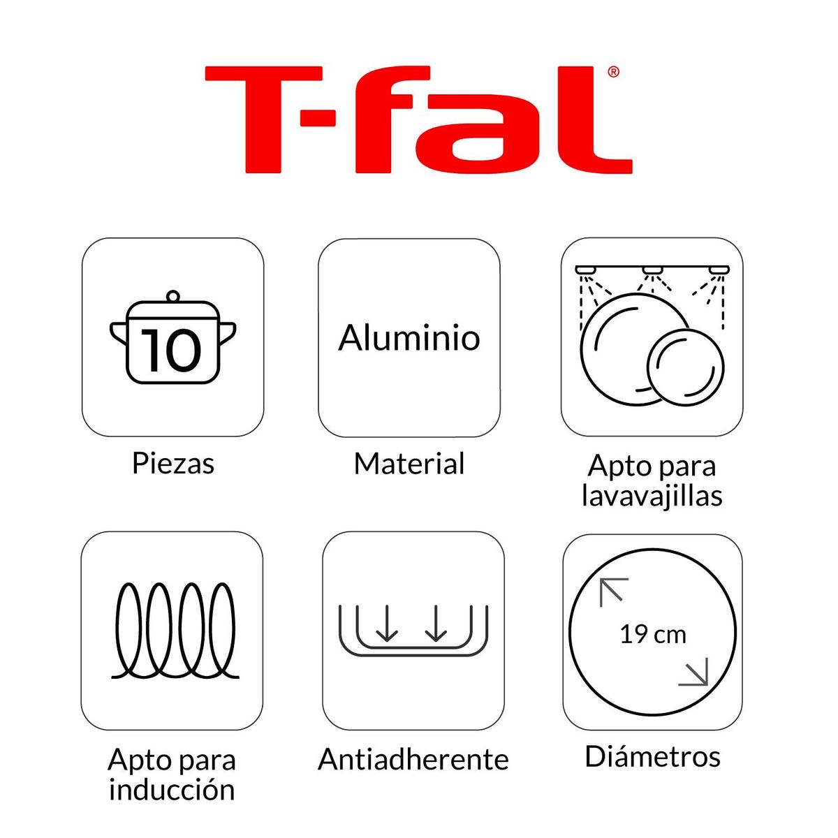 T-FAL - Juego de Ollas Tefal 10 Piezas Aluminio Antiadherente Prograte