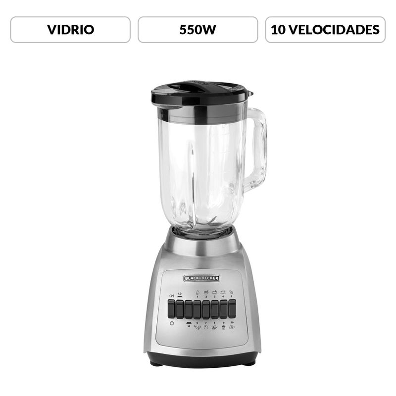 BLACK+DECKER - Licuadora BLACK+DECKER DuraPro 10 Velocidades 550 Watts con 4 Cuchillas y Jarra de Vidrio BLBD210GSS