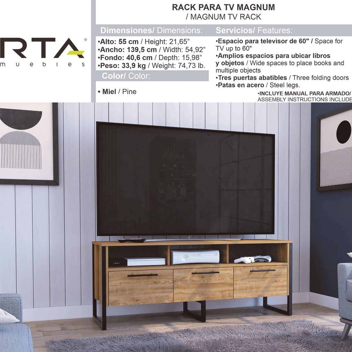 RTA MUEBLES - Mueble de Televisión Moderno de 1395 x 55 x 40 cm  para Televisores de Hasta 60 Pulgadas, RTA Muebles