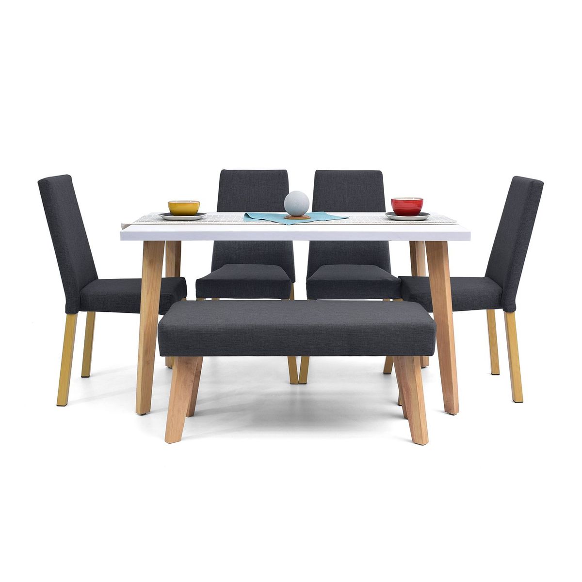 HOGAR VENECIA - Juego de Comedor Moderno para 6 Personas Gris (Comedor + 4 Sillas + Banca) Mica