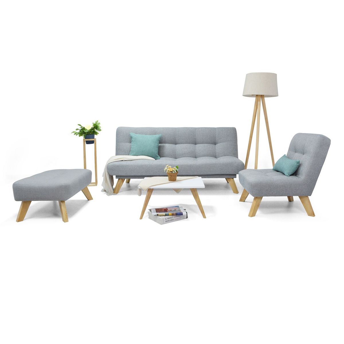 MICA - Juego de Sala Moderno en Tela (Sofá Cama + Poltrona + Puff + Mesa de Centro)  Prato Mica