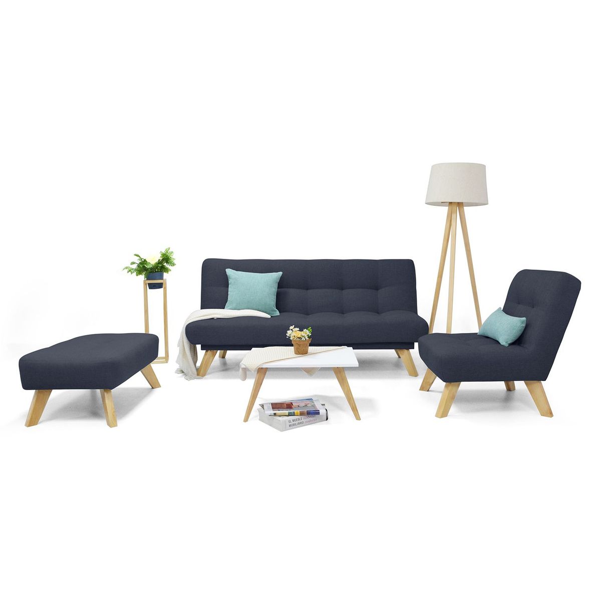 MICA - Juego de Sala Moderno en Tela (Sofá Cama + Poltrona + Puff + Mesa de Centro)  Prato Mica