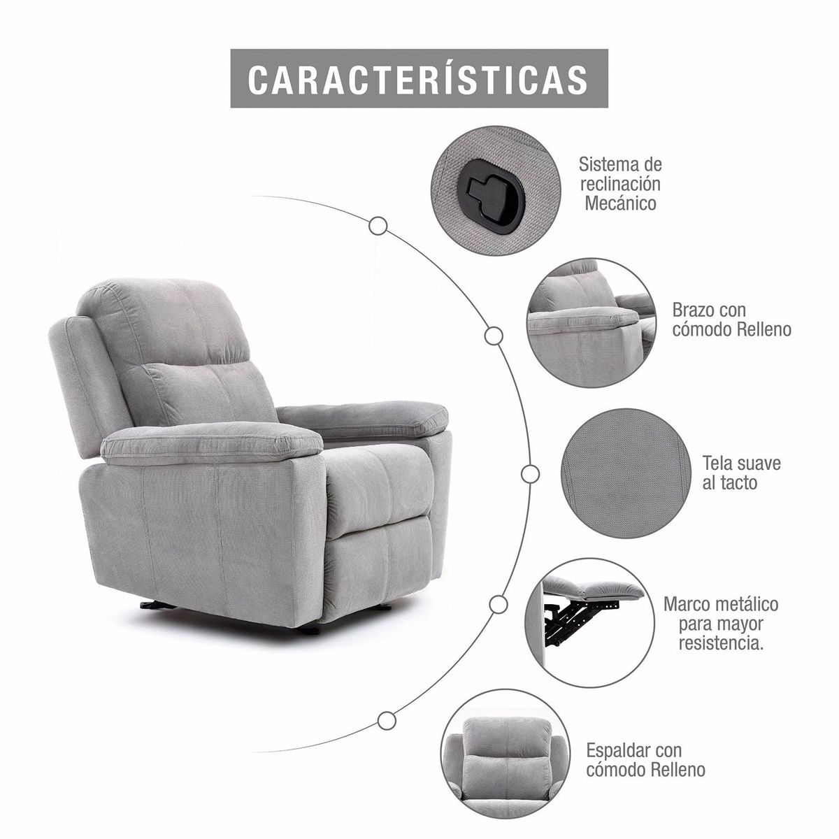 ELITE LIVING - Silla Reclinable 1 Puesto Microfibra Mecánica Marsella - Mueble