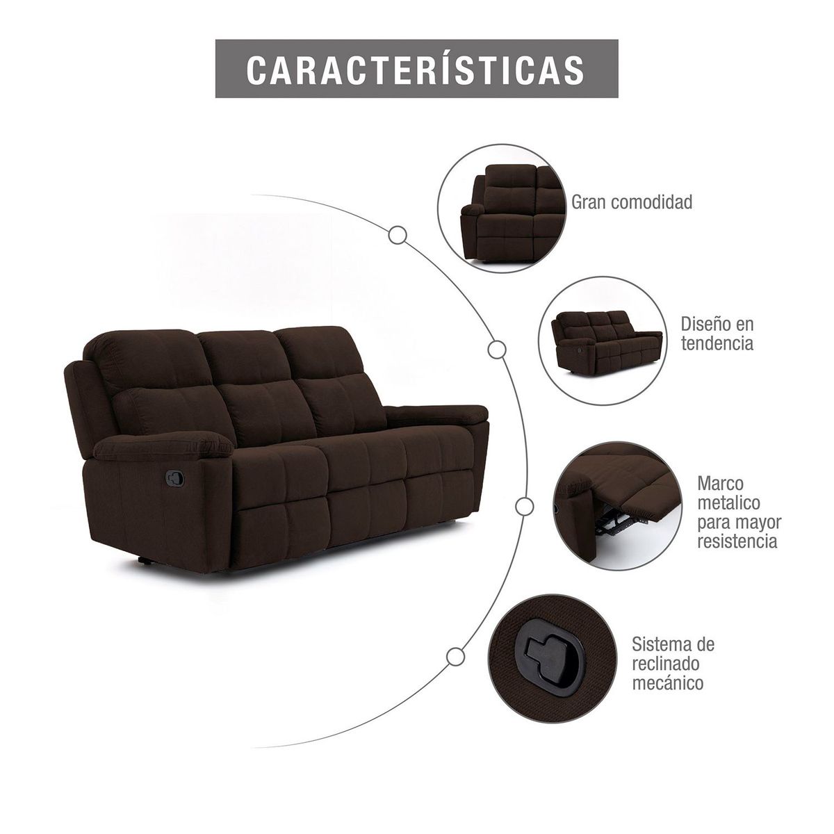 ELITE LIVING - Sofá Reclinable 3 Puestos Microfibra Mecánico Marsella - Mueble - Mueble