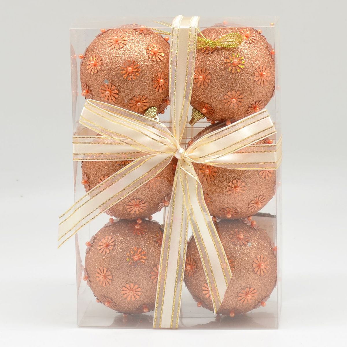 PINCASO - Caja de Bolas x 6 con Mostacilla/Lentejuelas Naranja 8 cm