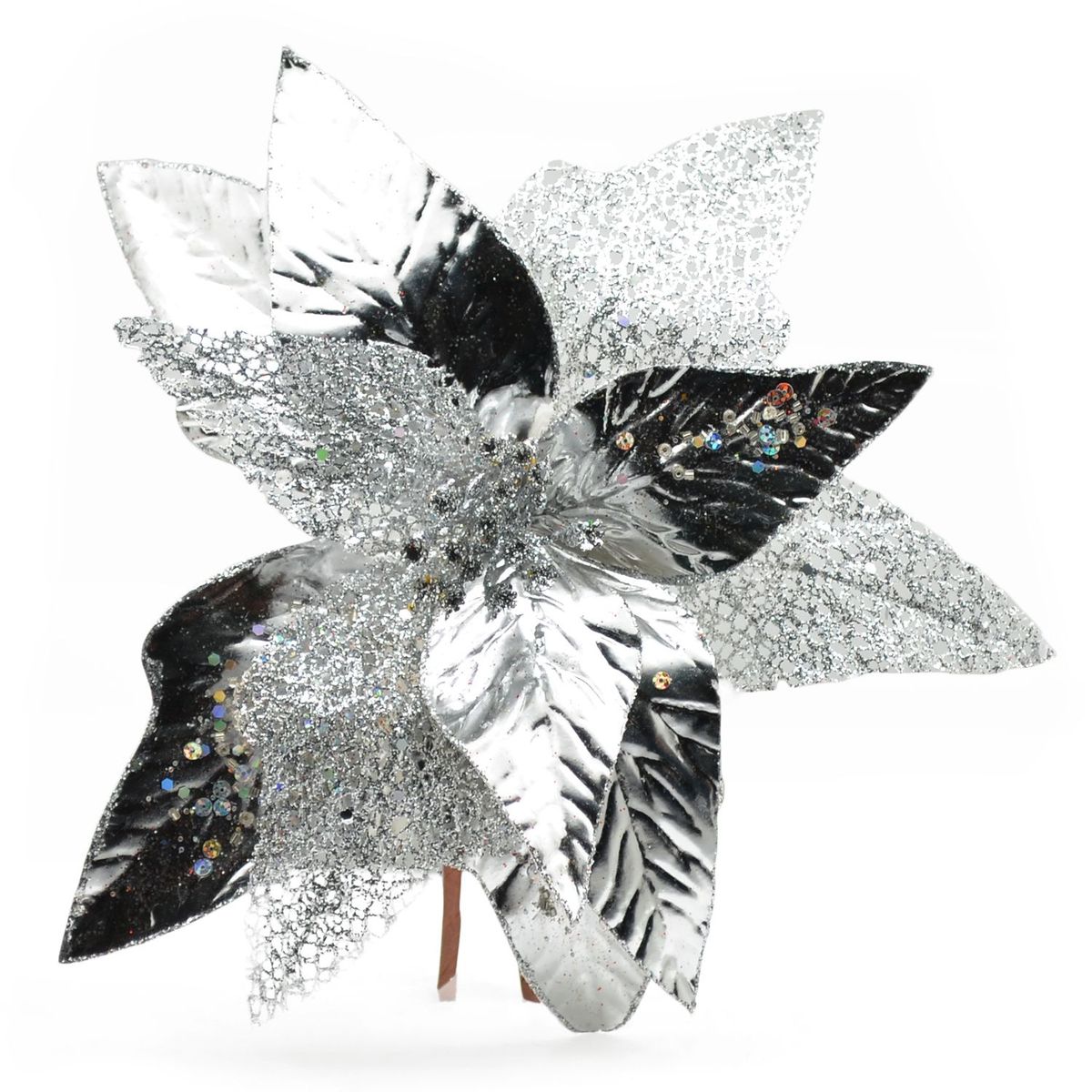 PINCASO - Poinsettia Hoja Picos Metalizada Plateada 30 cm