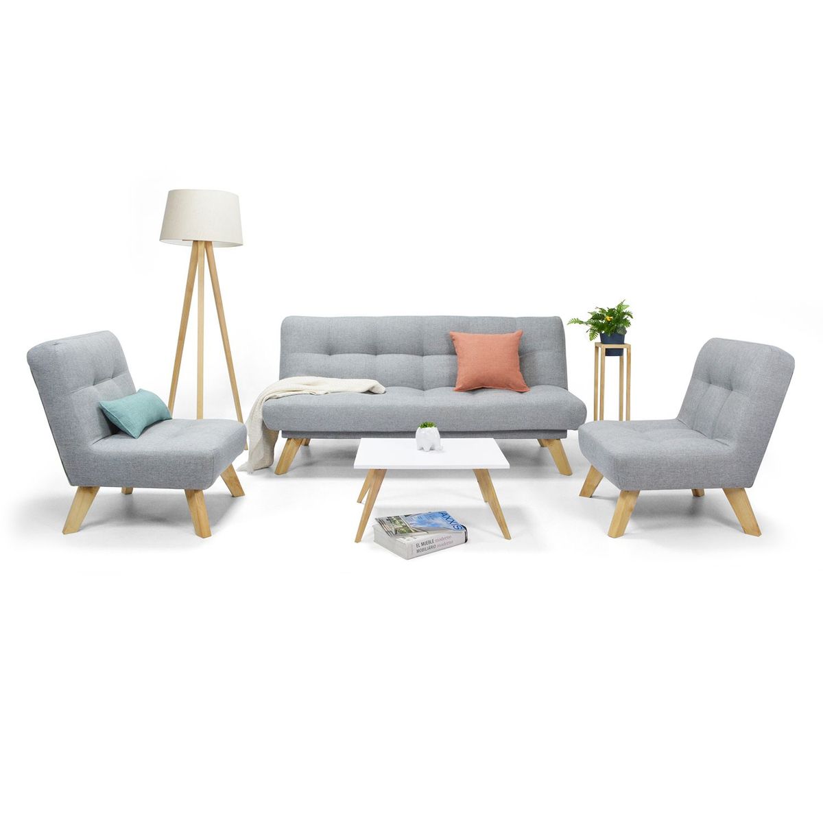 MICA - Juego de Sala Moderno en Tela (Sofá Cama + 2 Poltronas + Mesa de Centro) Prato Mica
