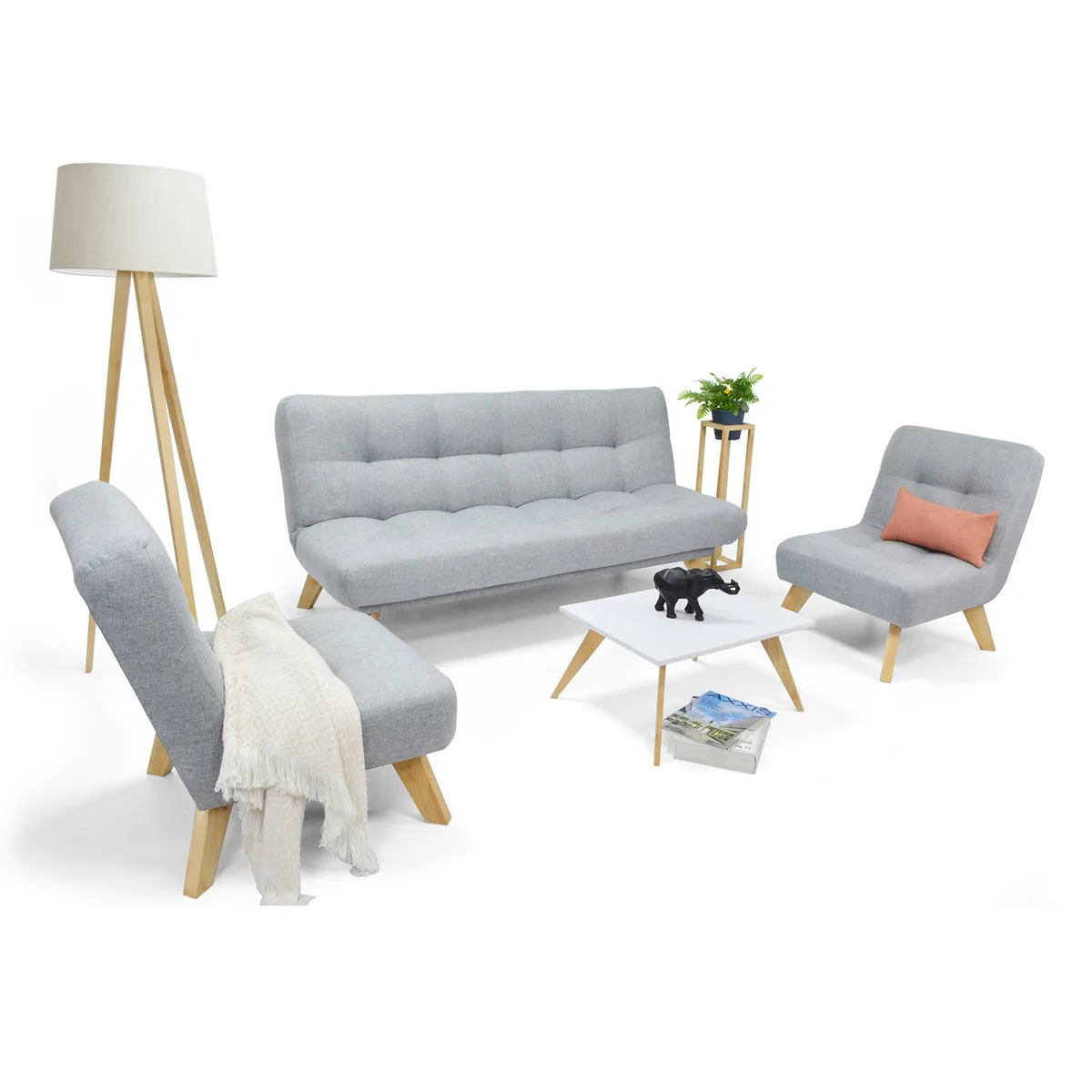 MICA - Juego de Sala Moderno en Tela (Sofá Cama + 2 Poltronas + Mesa de Centro) Prato Mica