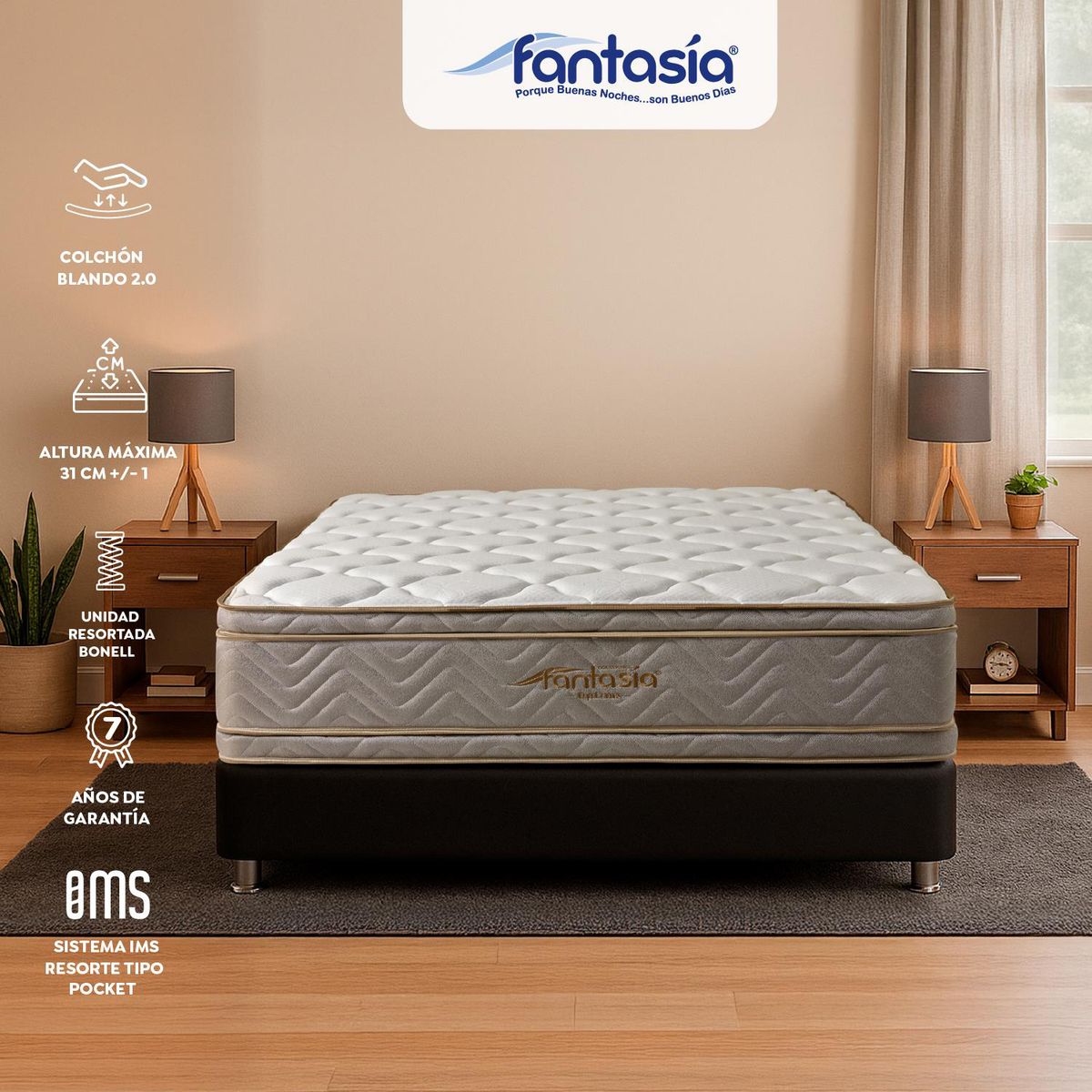 COLCHONES FANTASIA - Colchón King Firmeza Suave Ortopédico Resortado con Doble Pillow Optims 180 x 190 cm Colchones Fantasía