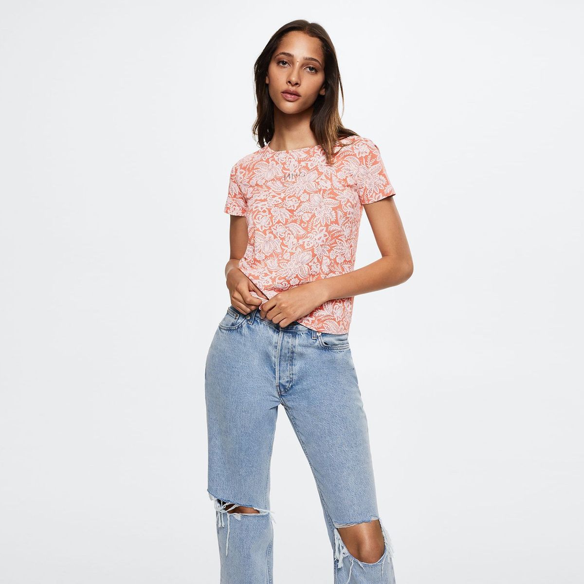MANGO - Camiseta para Mujer Estampada de Algodón Manga corta MANGO