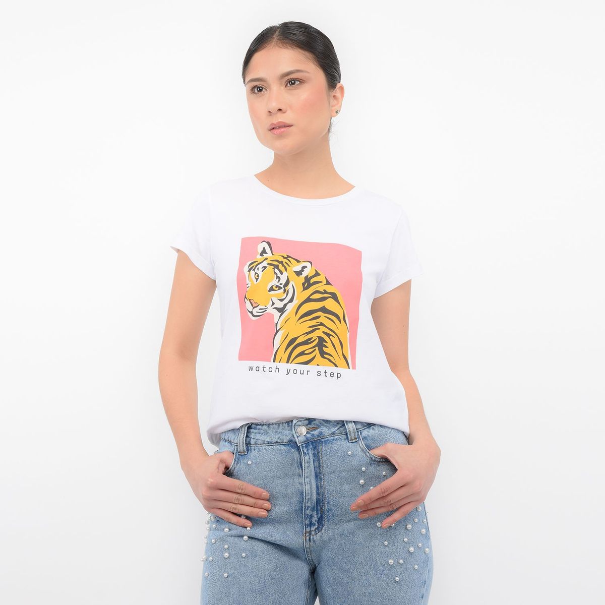 BASEMENT - Camiseta con Estampado para Mujer de Algodón Manga corta Basement