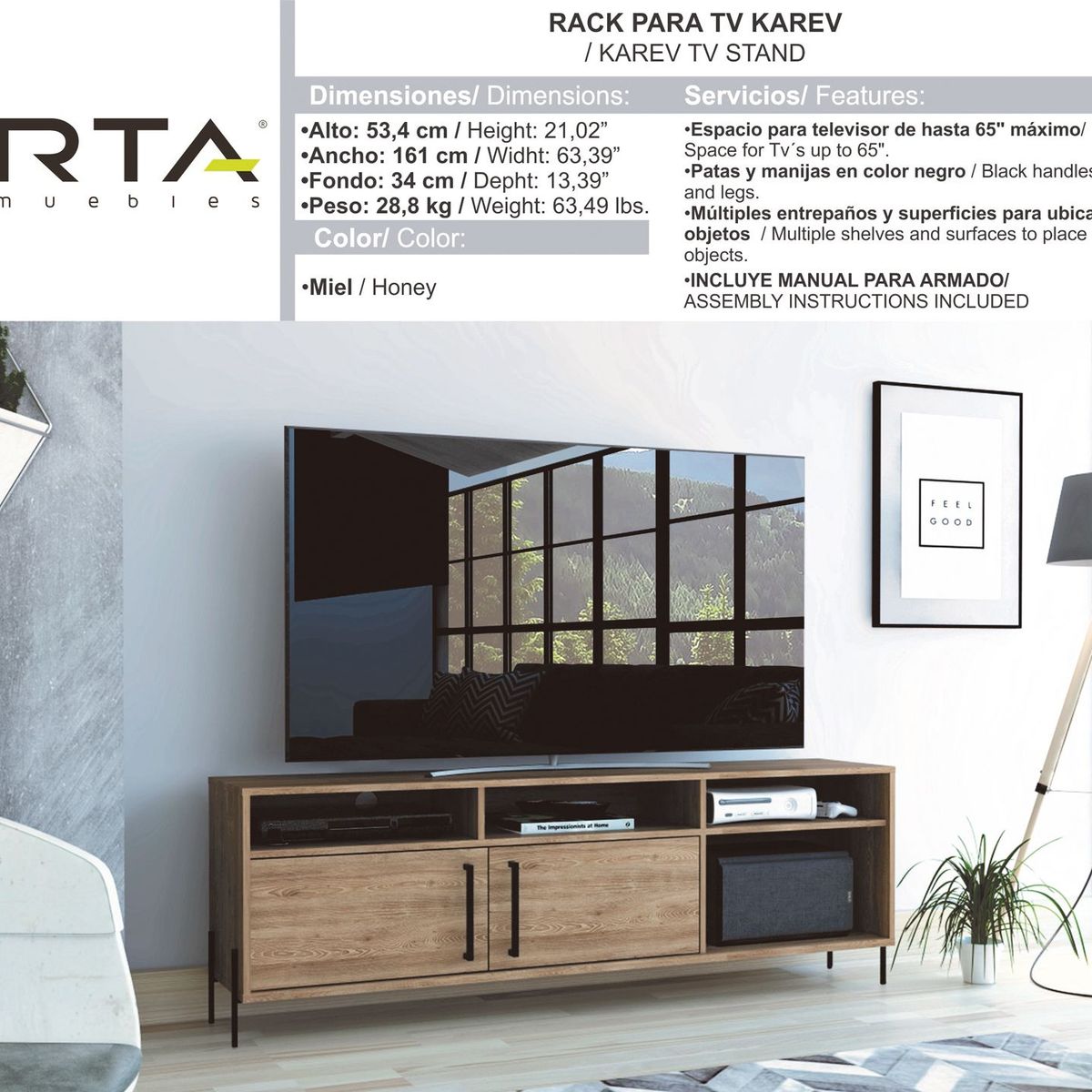 RTA MUEBLES - Mueble de Televisión Moderno de 158 x 53 x 34 cm  para Televisores de Hasta 65 Pulgadas, RTA Muebles