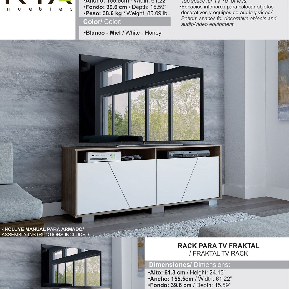 RTA MUEBLES - Mueble de Televisión Moderno de 1555 x 61 x 395 cm  para Televisores de Hasta 70 Pulgadas, RTA Muebles