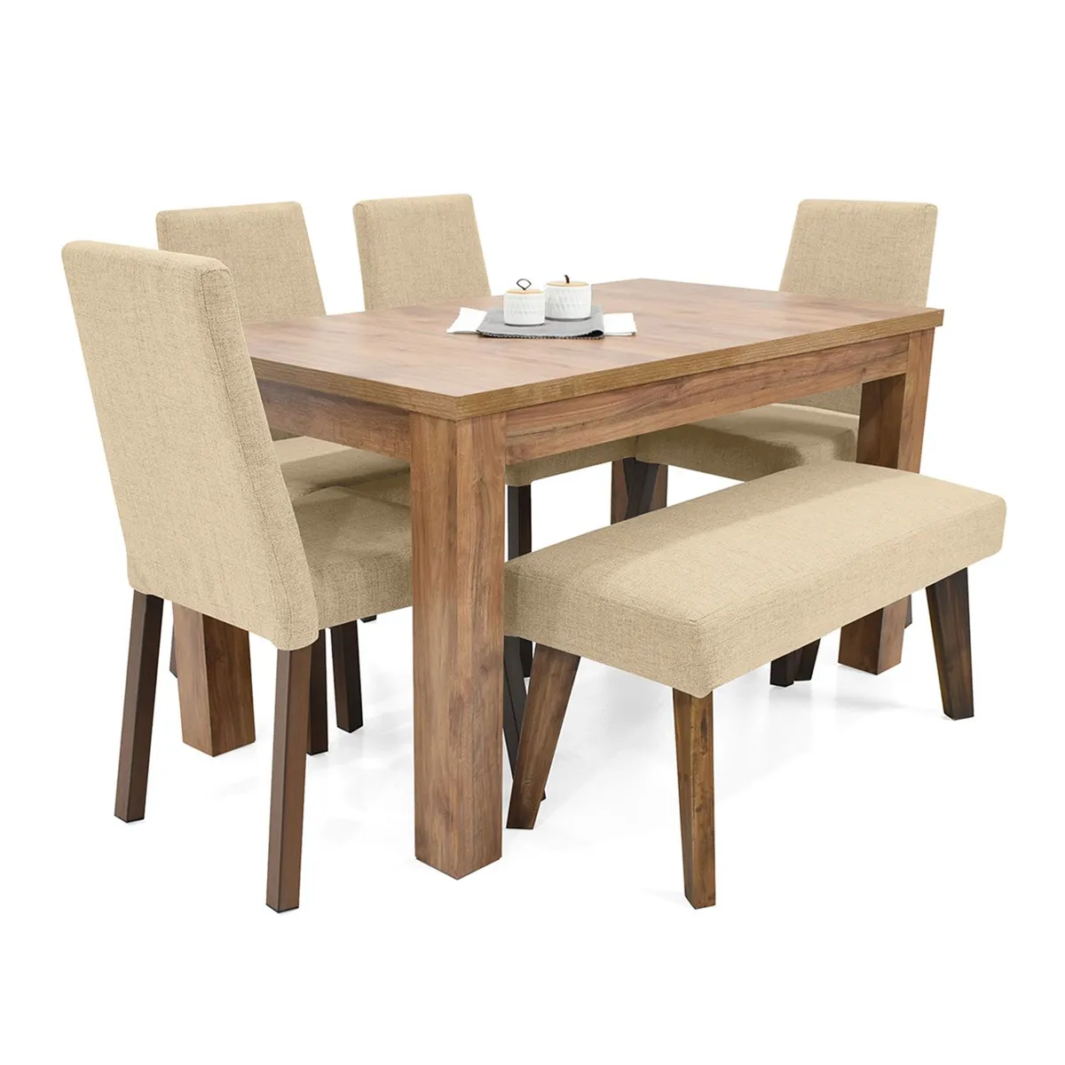 MICA - Juego de Comedor Moderno para 6 Personas Beige (Comedor + 4 Sillas + Banca) Mica