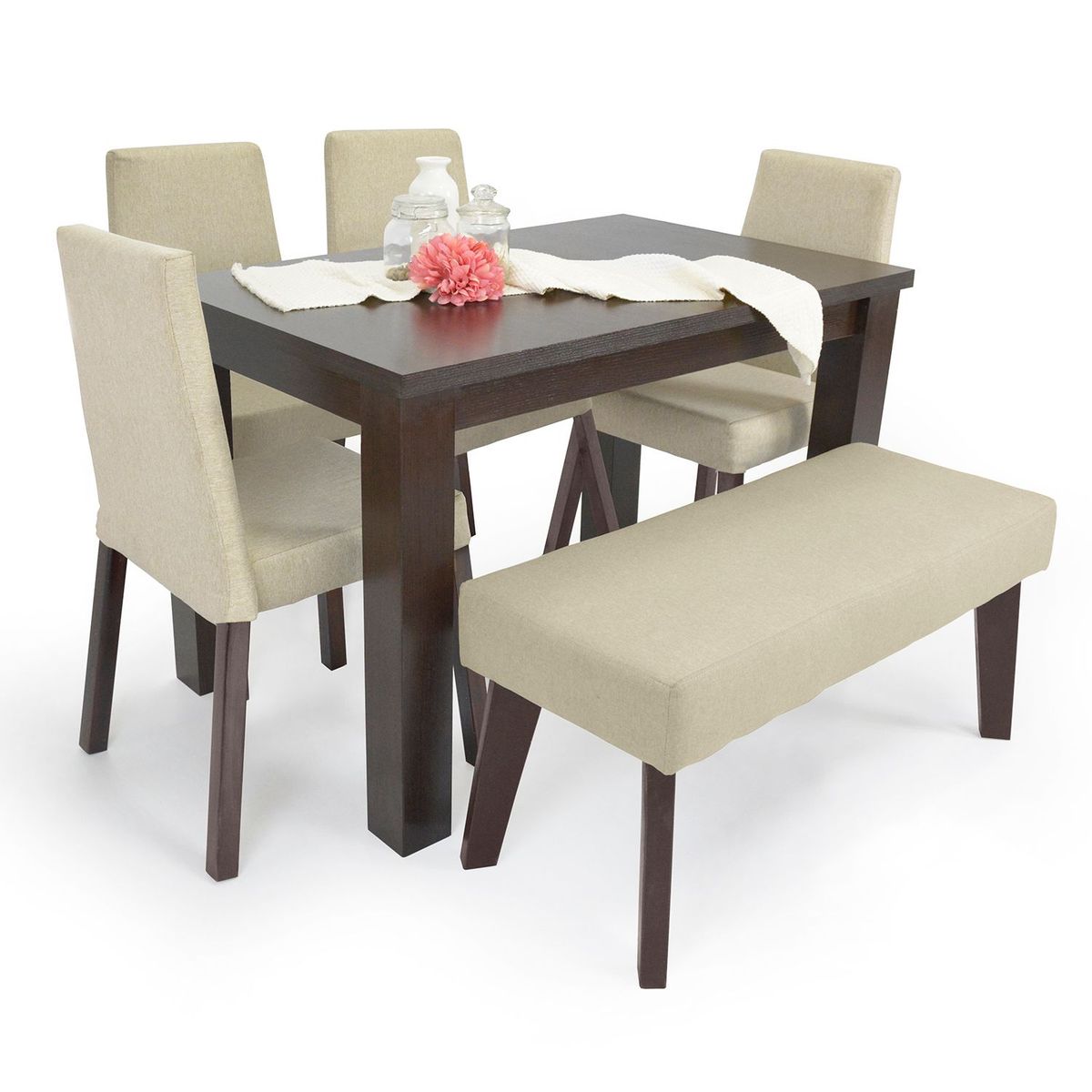 MICA - Juego de Comedor Moderno para 6 Personas Café (Comedor + 4 Sillas + Banca) Mica