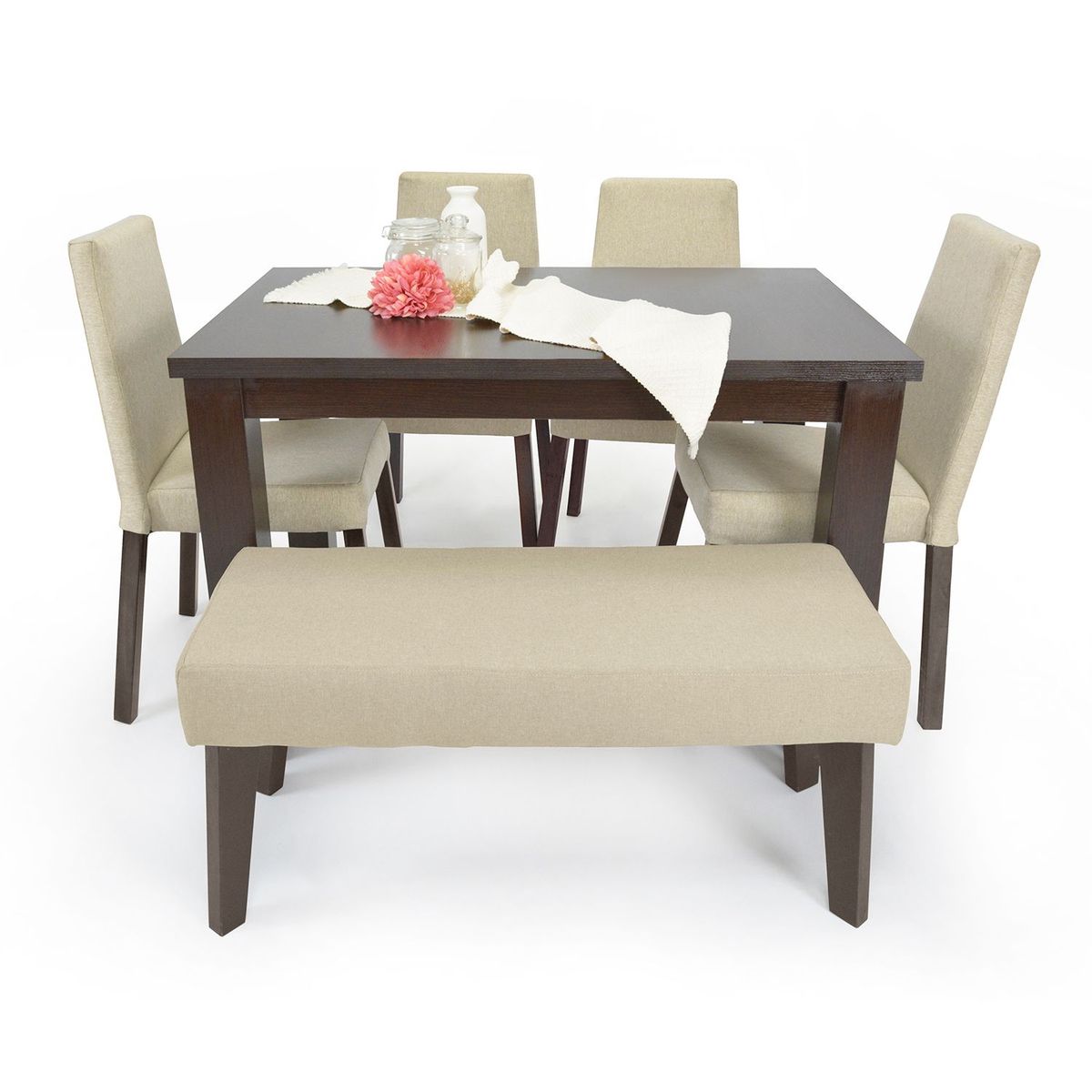 MICA - Juego de Comedor Moderno para 6 Personas Café (Comedor + 4 Sillas + Banca) Mica