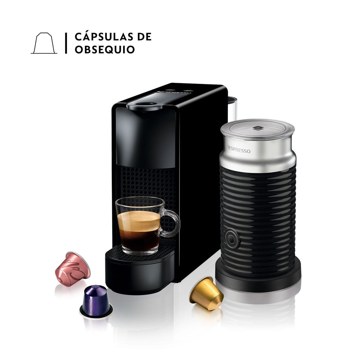 ESSENZA - Cafetera de Cápsulas Nespresso Essenza Mini Negra con Espumador de Leche