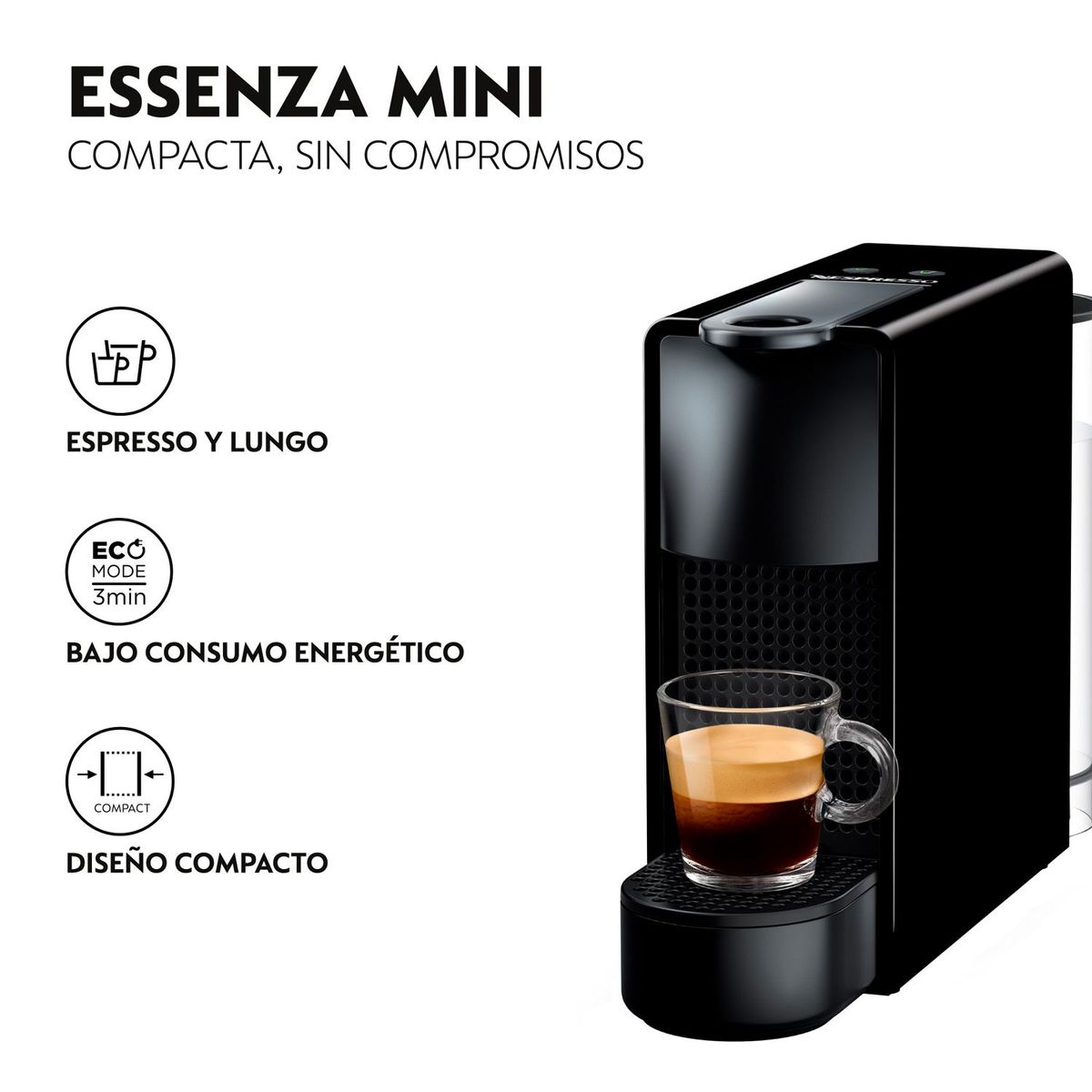 ESSENZA - Cafetera de Cápsulas Nespresso Essenza Mini Negra con Espumador de Leche