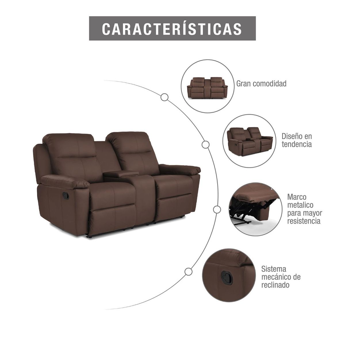 ELITE LIVING - Sofá Reclinable Marsella 2 Puestos Cuero Sintético