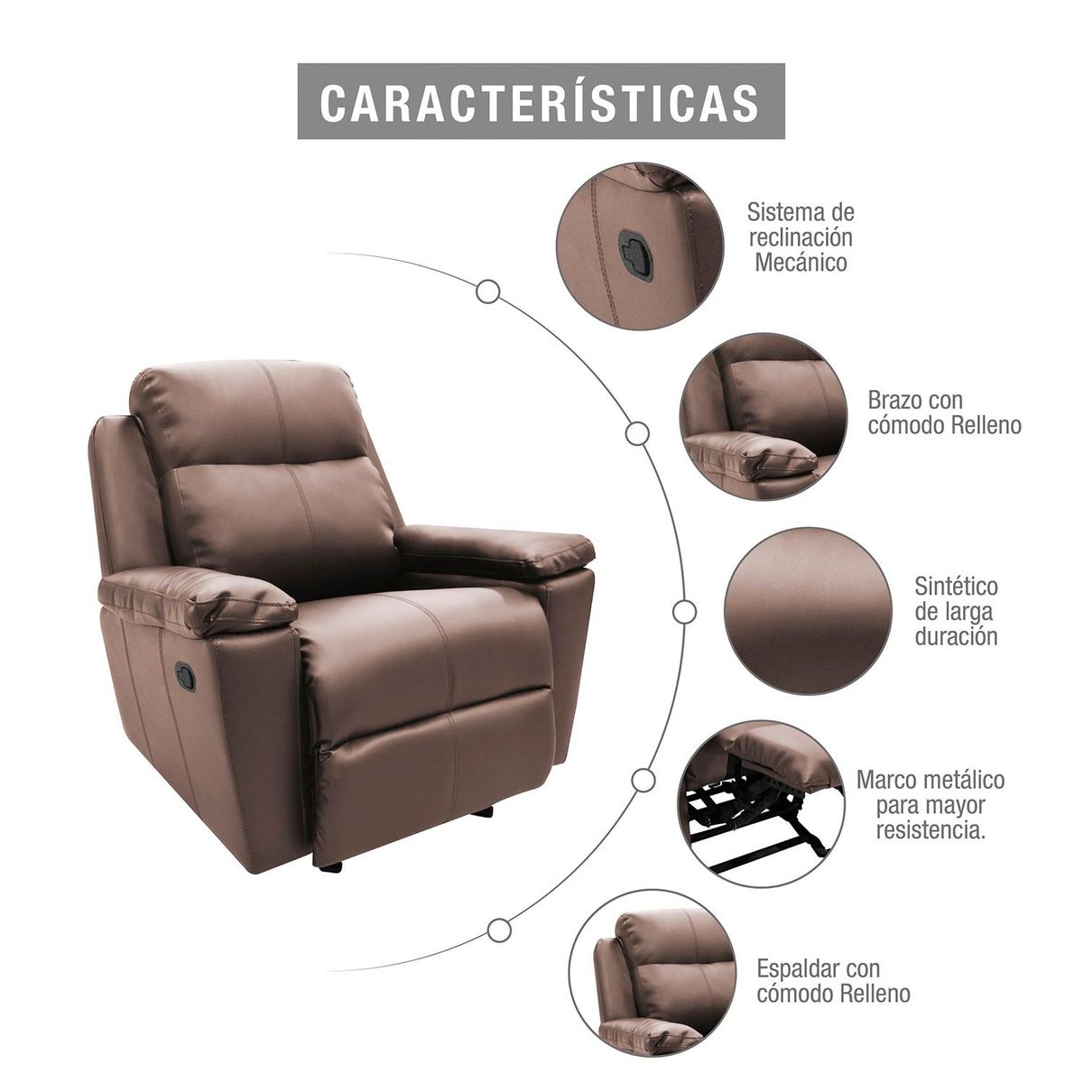 ELITE LIVING - Silla Reclinable Moderna 1 Puesto en Cuerina Mecánica 90 X 100 X 80 cm Elite Living