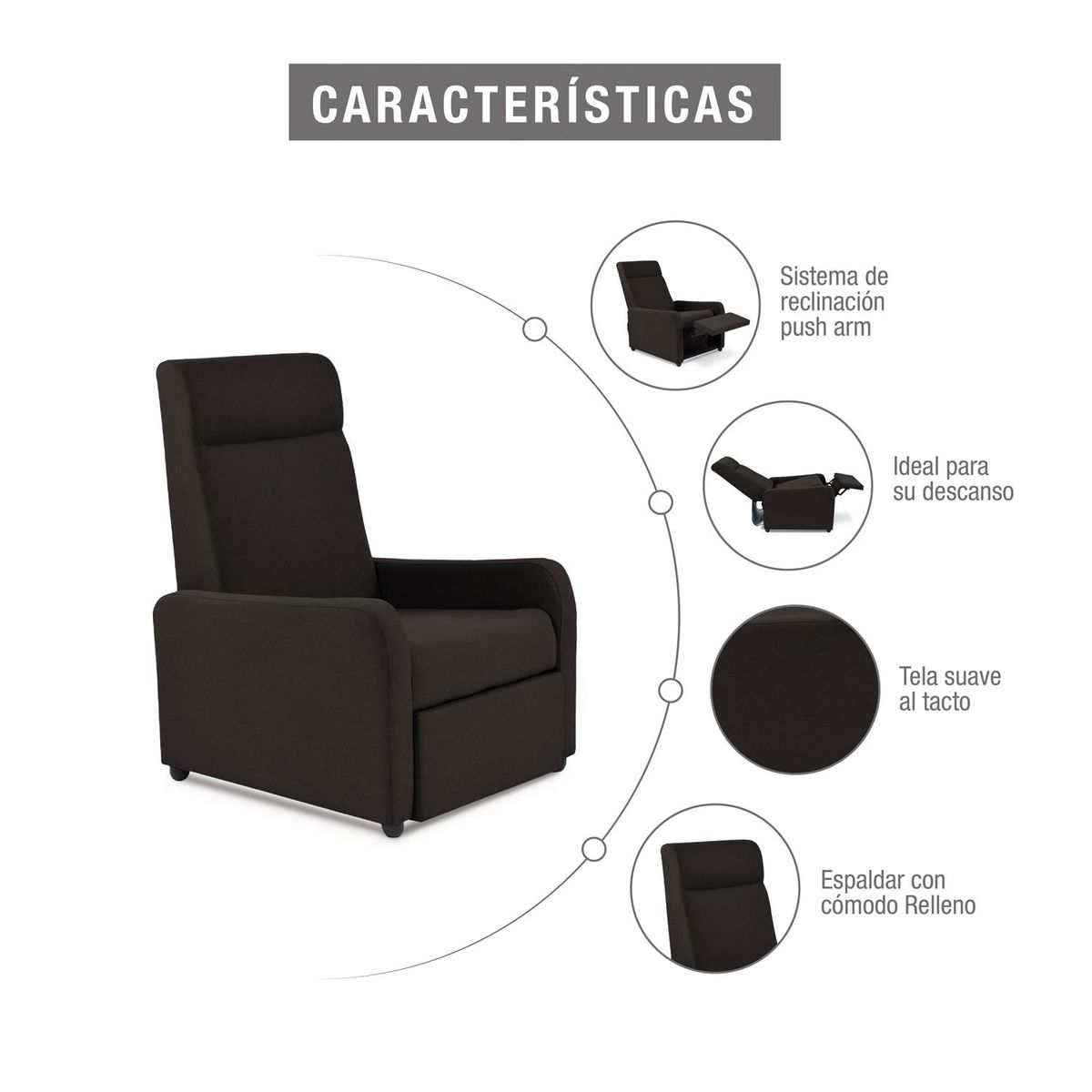 ELITE LIVING - Silla Reclinable Moderna 1 Puesto en Tela Mecánica Praxis Elite Living