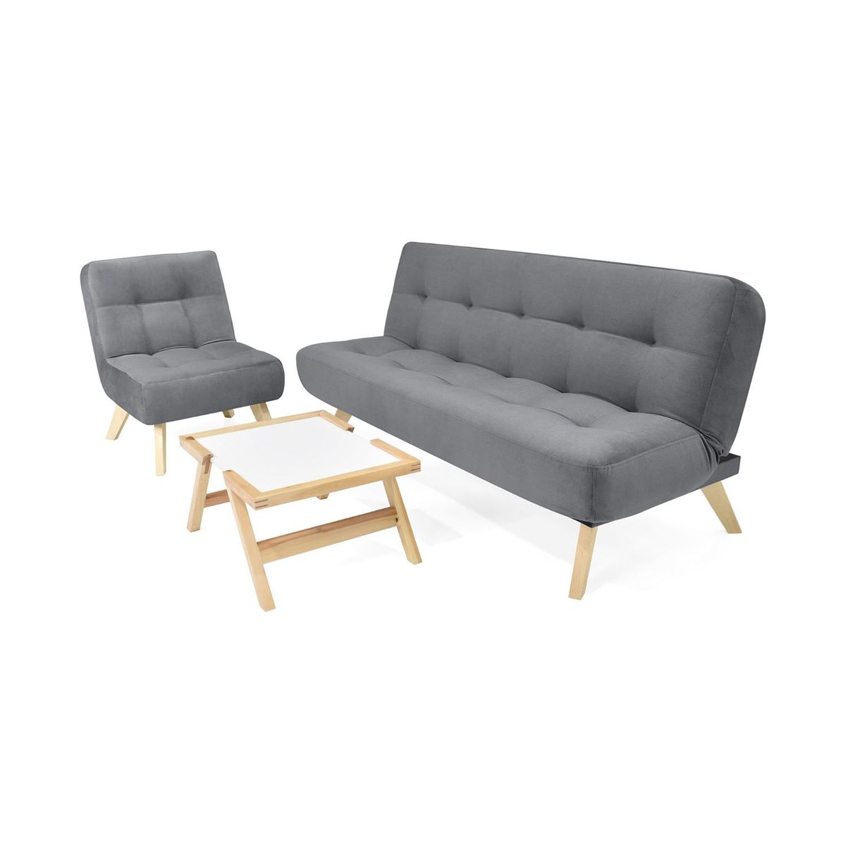 MICA - Juego de Sala Moderno en Poliéster (Sofá Cama + Poltrona + Mesa de Centro) Prato Dresde Mica