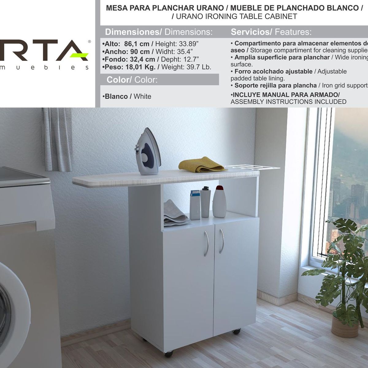 RTA MUEBLES - Mesa para Planchar Moderna  en Aglomerado  90 x 86.1 x 32.4 cm RTA Muebles 