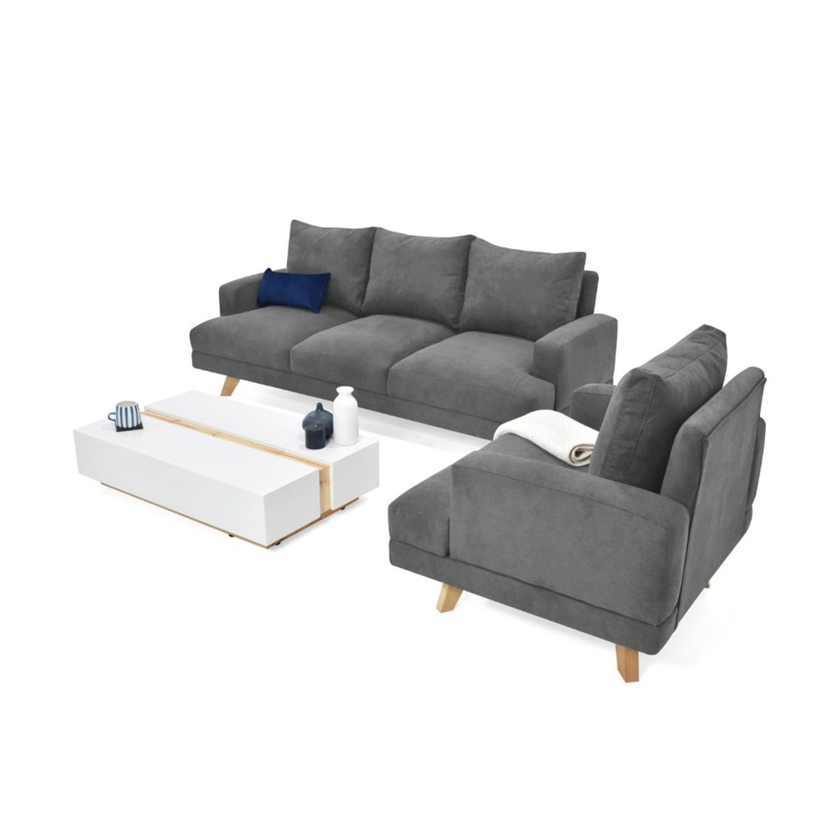 MICA - Juego de Sala Moderno en Poliéster (Sofá + Poltrona + Mesa de Centro) Tobago Dubái Mica