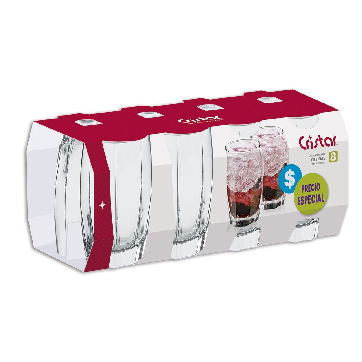 CRISTAR - Vaso de vidrio alto Cristar: 8 piezas