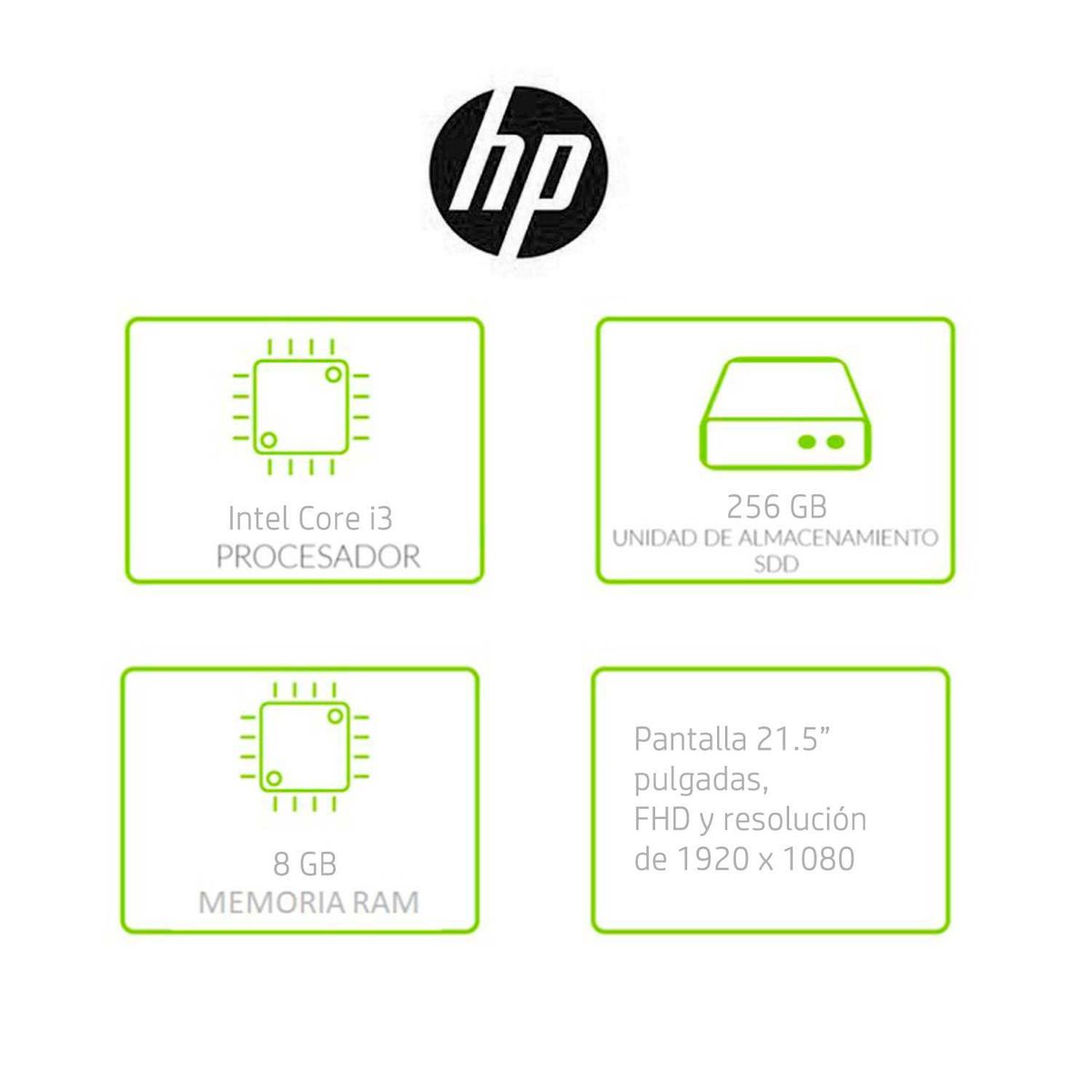 HP - Computador de escritorio Hp Intel Core i3 8GB 256GB Windows 10 Home 21.5 pulgadas 22-df1510la