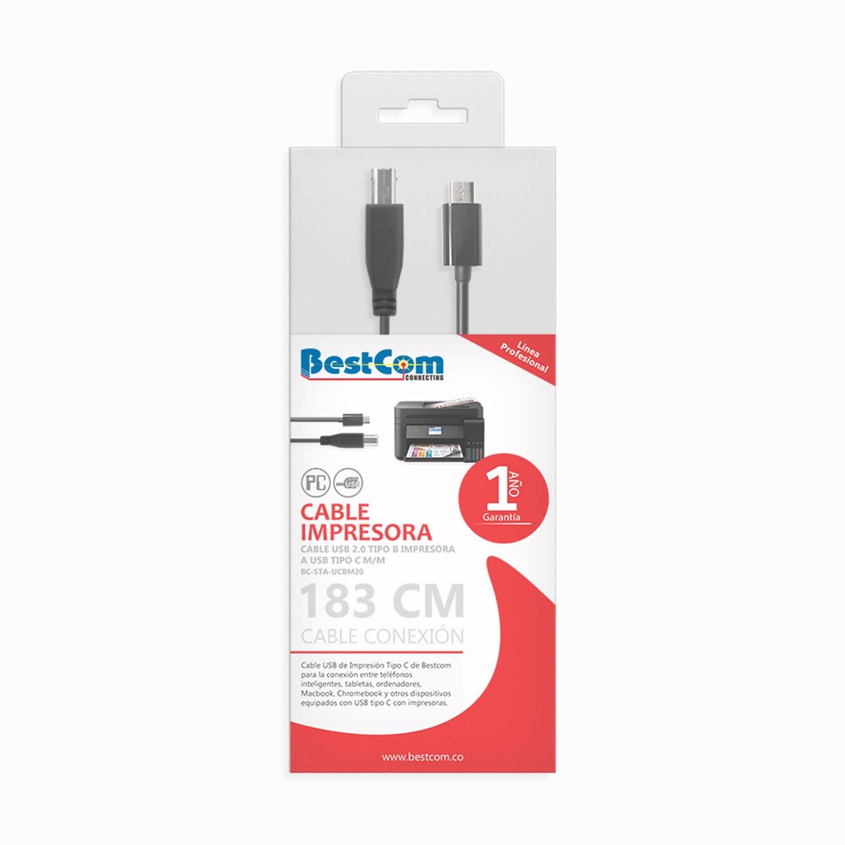 BESTCOM - Cable Impresora USB tipo C macho a macho tipo B 1,83 Mts 