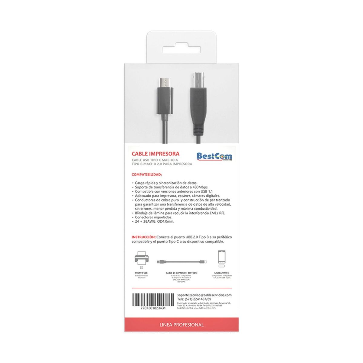 BESTCOM - Cable Impresora USB tipo C macho a macho tipo B 1,83 Mts 