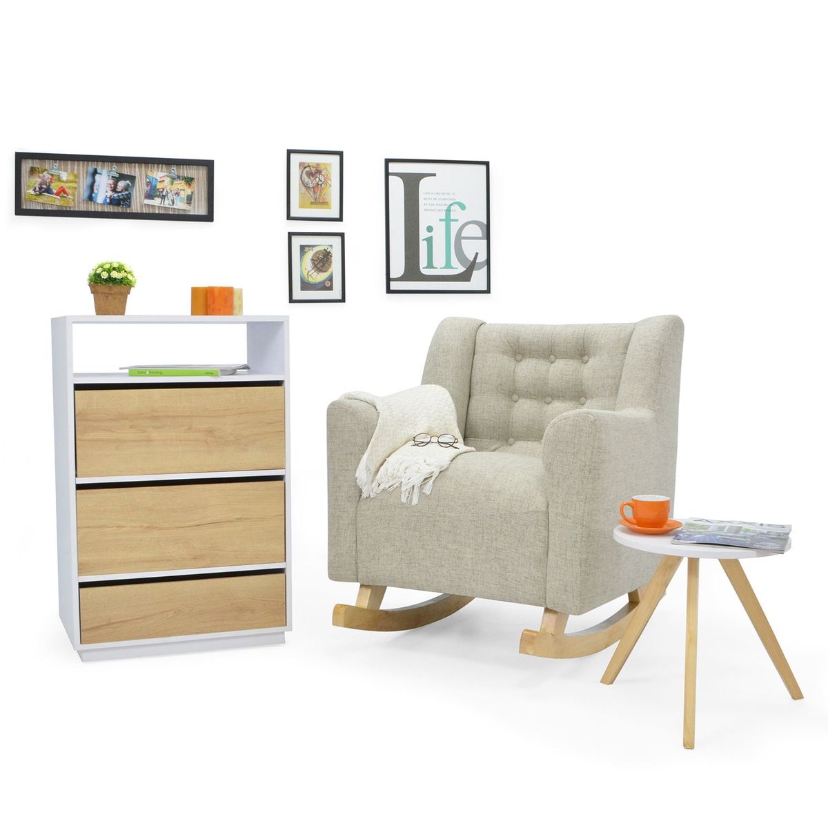 MICA - Juego de Sala Moderno en Poliéster Mecedora Moderna en Poliéster (Mecedora + Cómoda + Mesa Auxiliar) Andalucía Mica Andalucía Mica