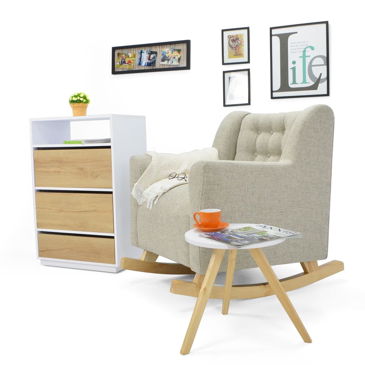 MICA - Juego de Sala Moderno en Poliéster Mecedora Moderna en Poliéster (Mecedora + Cómoda + Mesa Auxiliar) Andalucía Mica Andalucía Mica