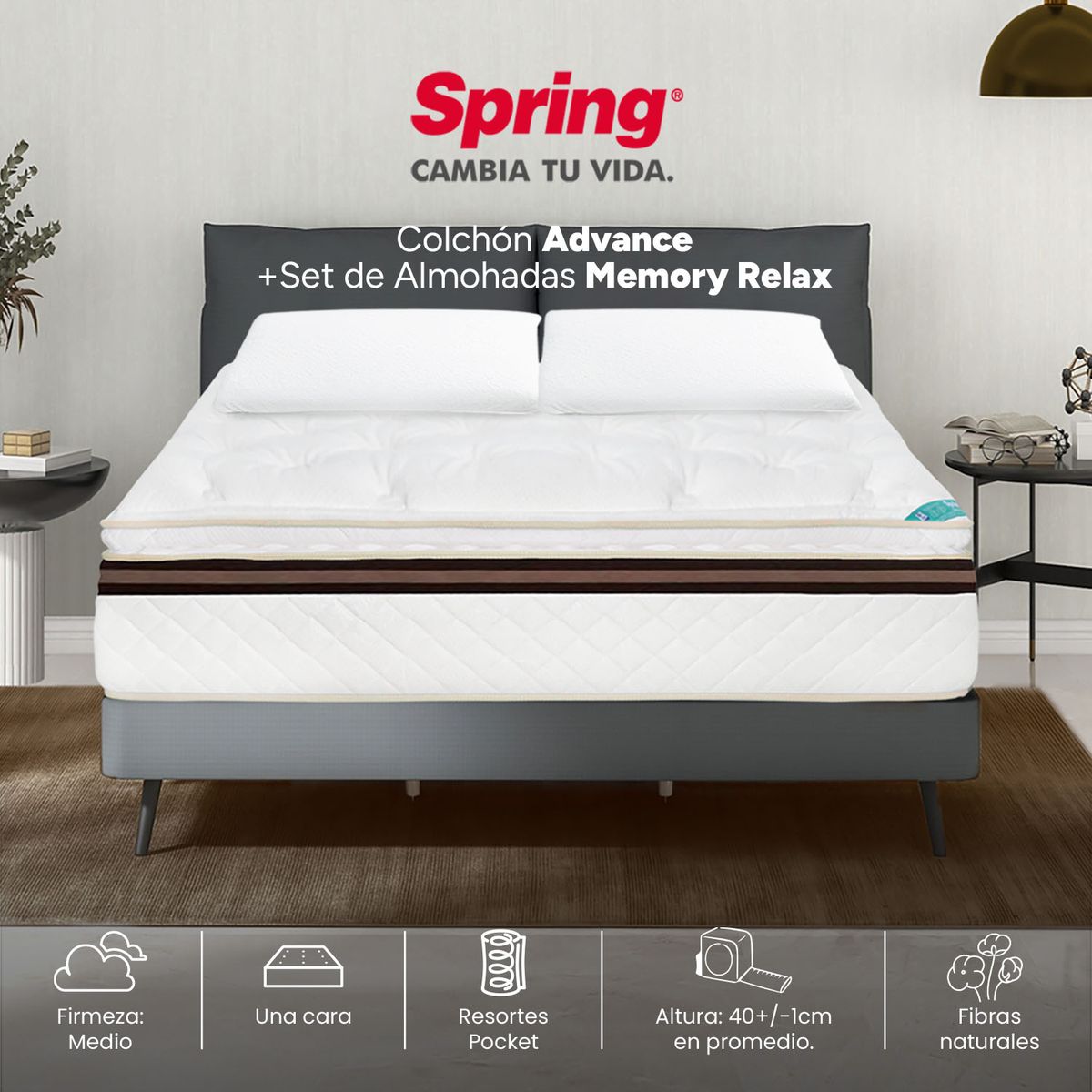 COLCHONES SPRING - Colchón Queen Firmeza Suave Ortopédico con Pillow Resortado Advance 160 x 190 cm + 2 Almohadas Colchones Spring