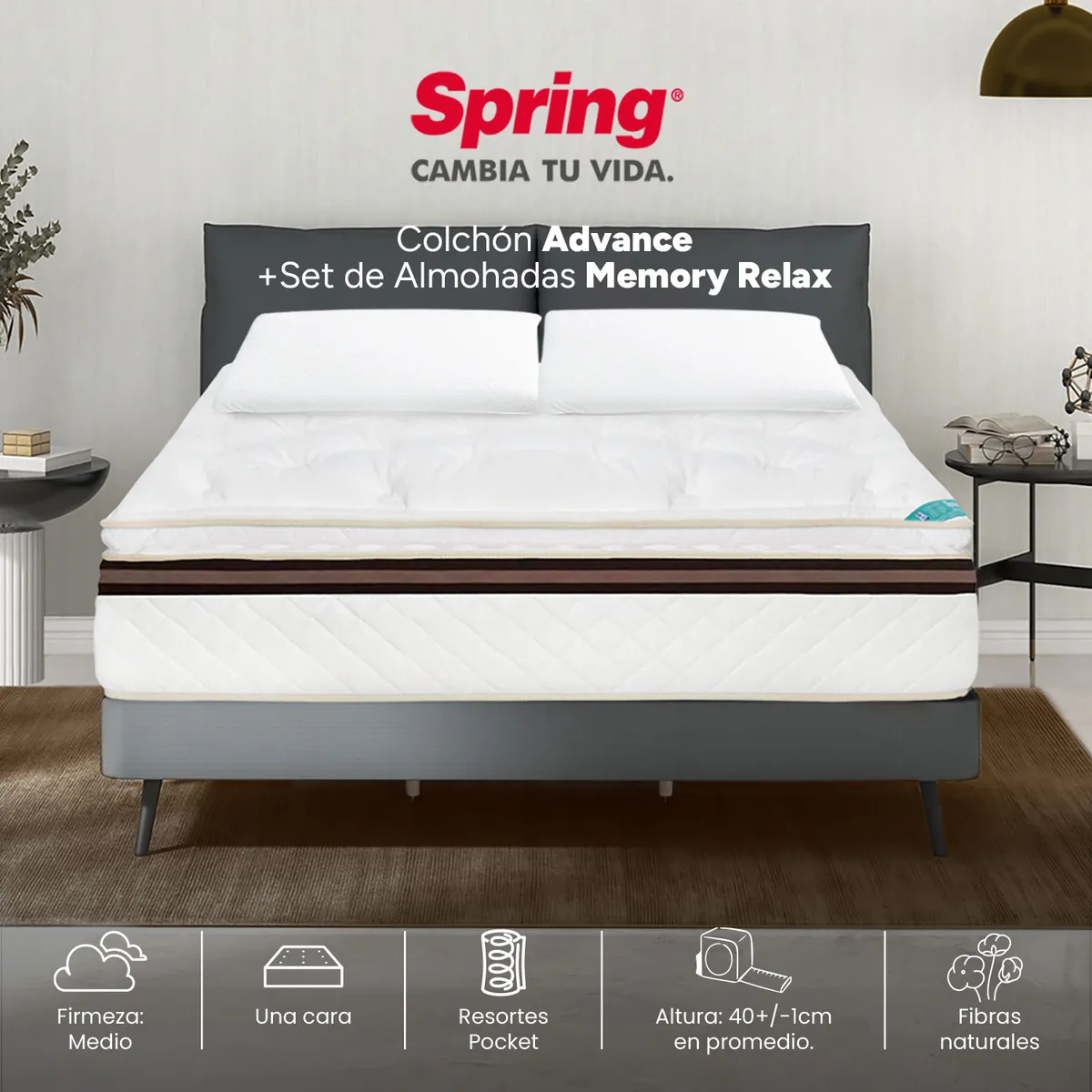 COLCHONES SPRING - Colchón Queen Firmeza Suave Ortopédico con Pillow Resortado Advance 160 x 190 cm + 2 Almohadas Colchones Spring