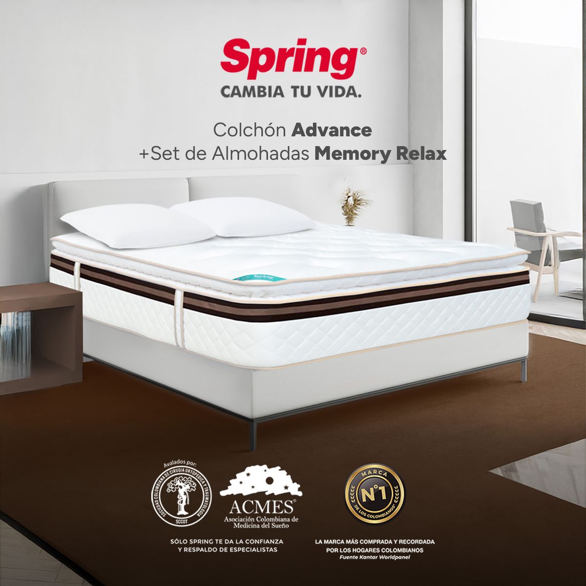 COLCHONES SPRING - Colchón Queen Firmeza Suave Ortopédico con Pillow Resortado Advance 160 x 190 cm + 2 Almohadas Colchones Spring