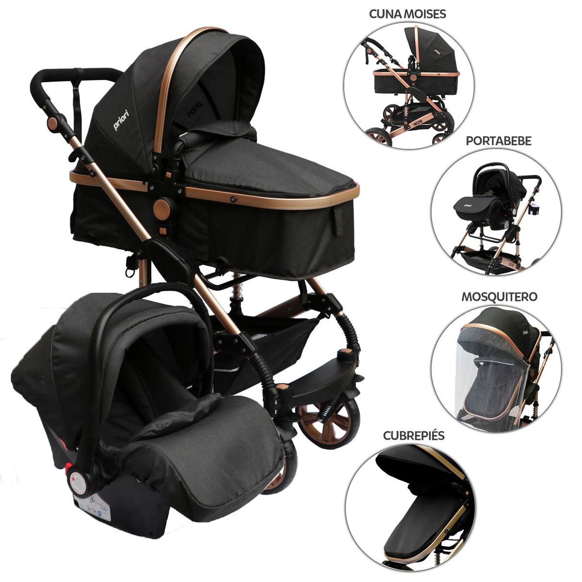 PRIORI - Coche para Bebé Travel System Priori, color Negro y Bronce, modelo Frezzio