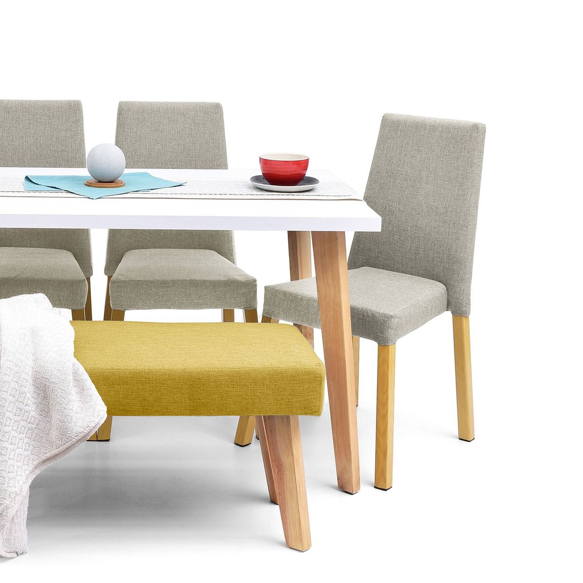 MICA - Juego de Comedor Moderno para 6 Personas Azul (Comedor + 4 Sillas + Banca) Mica