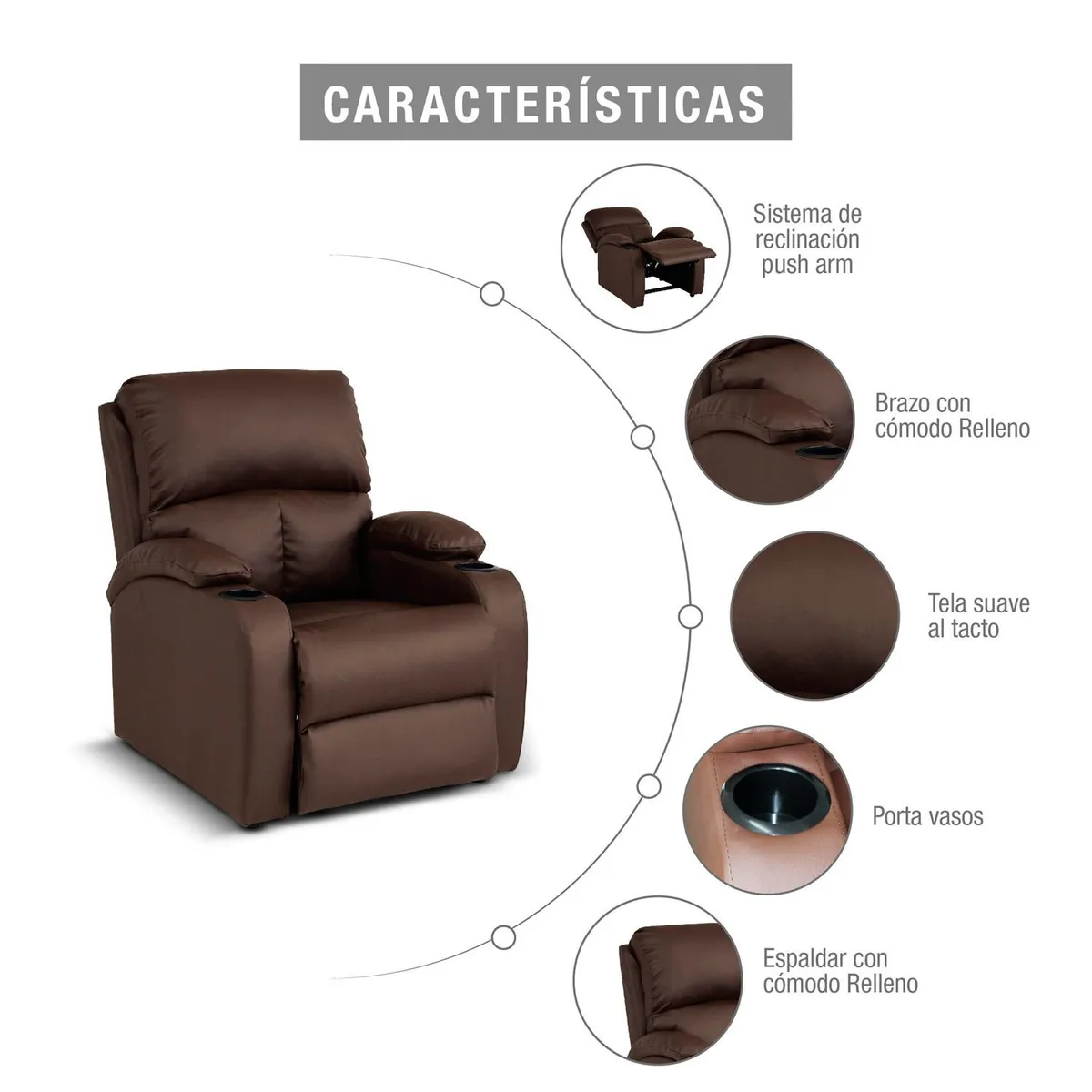 MICA - Silla Reclinable 1 Puesto Cuerina Push Arm New Rest 82 cm - Mueble