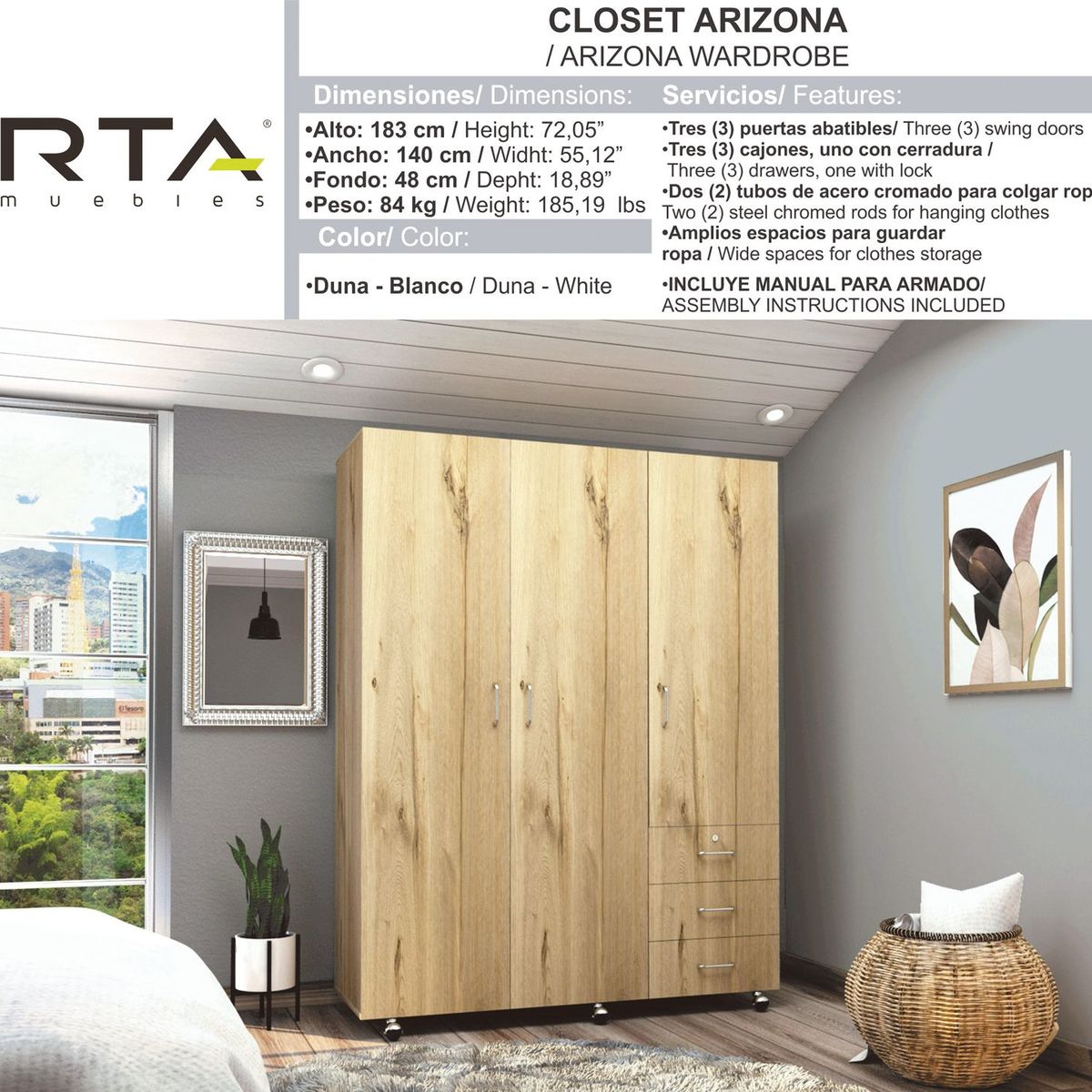 RTA MUEBLES - Closet Moderno en Aglomerado MDP 3 Puertas 3 Cajones 180 x 140 x 48 cm RTA Design  - Mueble