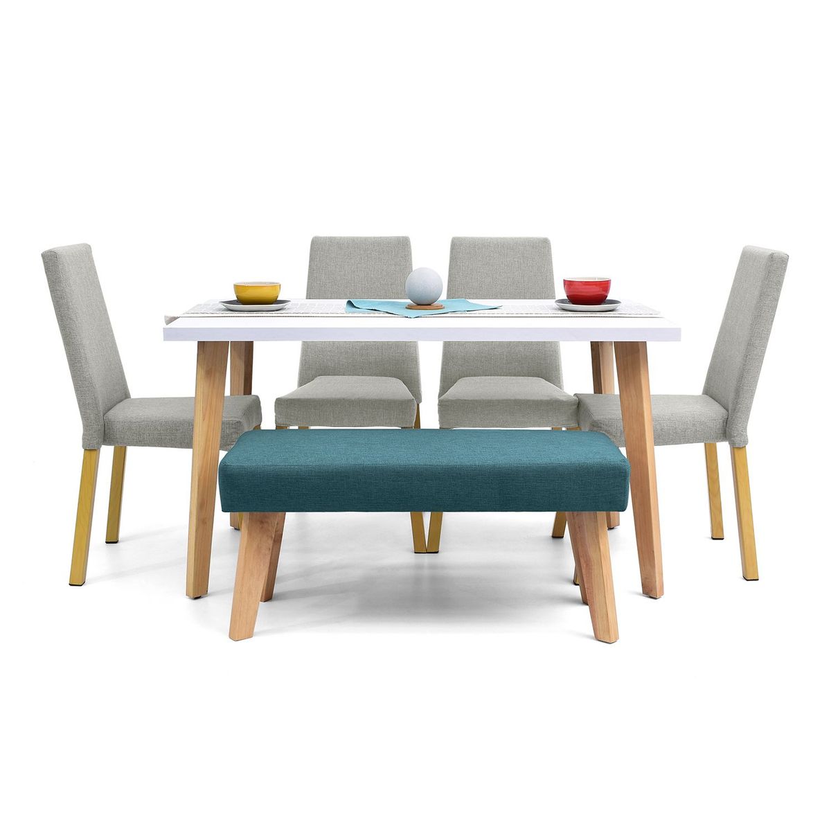 MICA - Juego de Comedor Moderno para 6 Personas Azul (Comedor + 4 Sillas + Banca) Mica