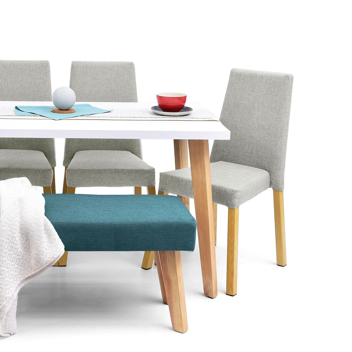 MICA - Juego de Comedor Moderno para 6 Personas Azul (Comedor + 4 Sillas + Banca) Mica