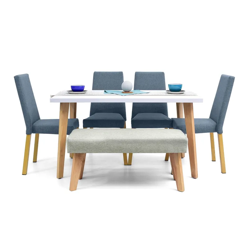 MICA - Juego de Comedor Moderno para 6 Personas Azul (Comedor + 4 Sillas + Banca) Mica