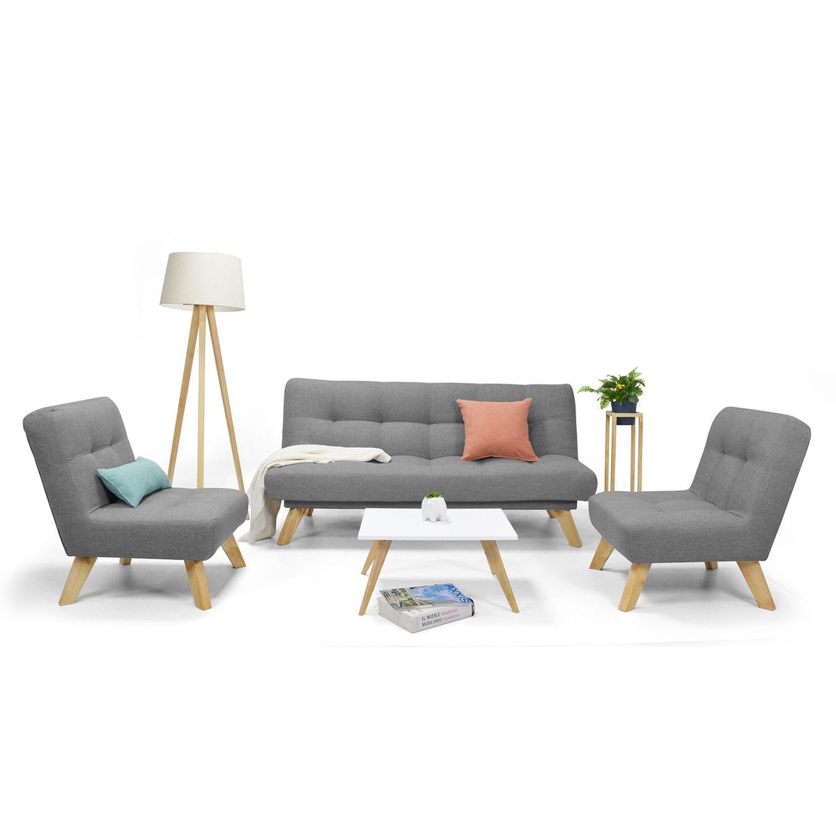 MICA - Juego de Sala Moderno en Tela (Sofá Cama + 2 Poltronas + Mesa de Centro) Prato Mica